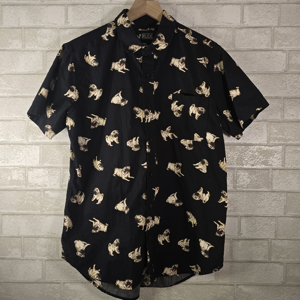 Rude Men's Pug Dog Button Down Pocket Shirt Short Sleeve Black Size Med